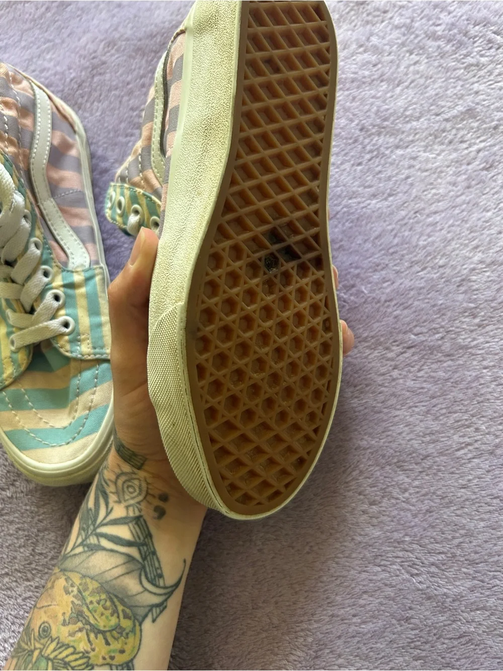 Vans High-Top Sneakers in Yellow and Mint Green Striped Canvas
